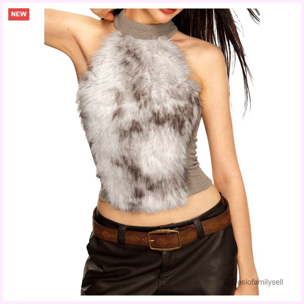 Faux Fur Halter Top Sleeveless Crop Top Y2K Festival Outfit